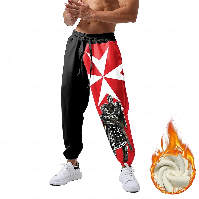 Men's Knights Templar Fleece Sweatpants Drawstring Elastic Waist Vintage Casual Outdoor Home Dailywear Pocket Thermal Winter 3D Print Black / Red2