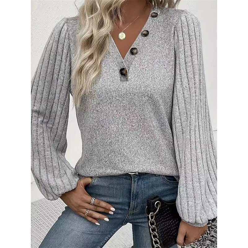 Women's Shirt Blouse Solid Color Basic Casual Long Sleeve V Neck Regular Tops Daily Buttons Gray Fall Winter3