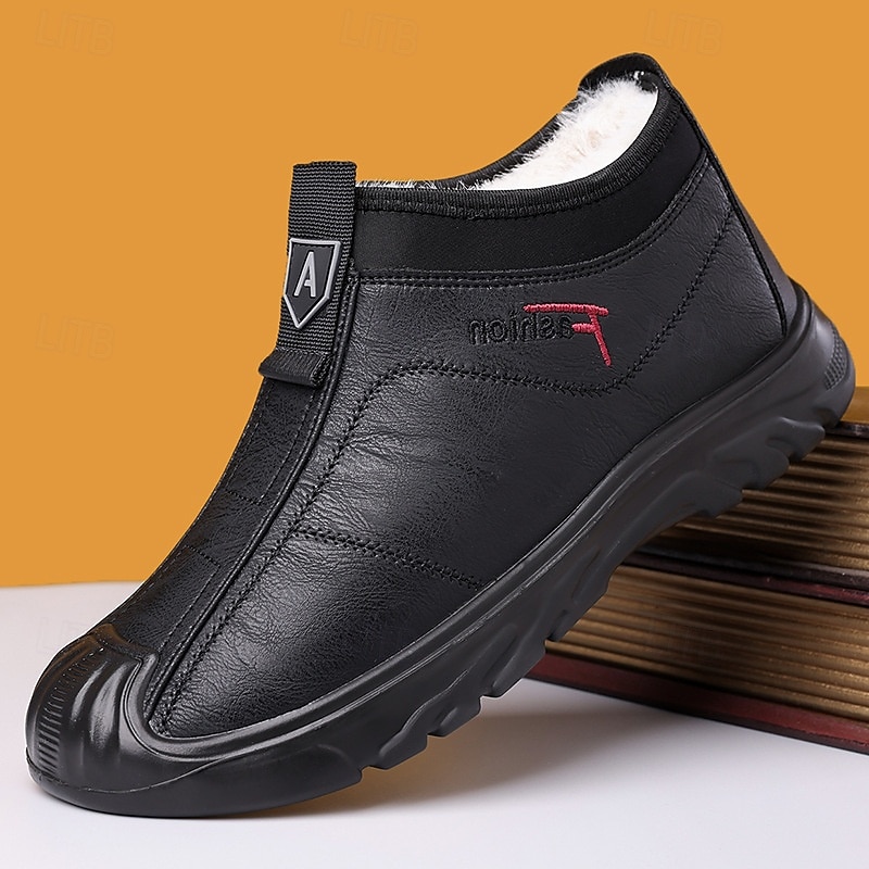 Men's Black Waterproof Winter Slip-On Shoes – Warm Faux Fur Lining, Durable Non-Slip Sole, Perfect for Cold Weather and Outdoor Activities