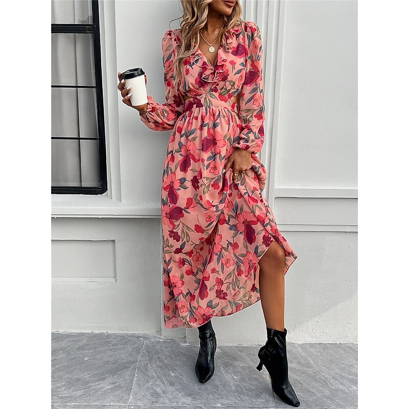 Women's Floral V Neck Maxi Dress Long Sleeve Summer Spring3