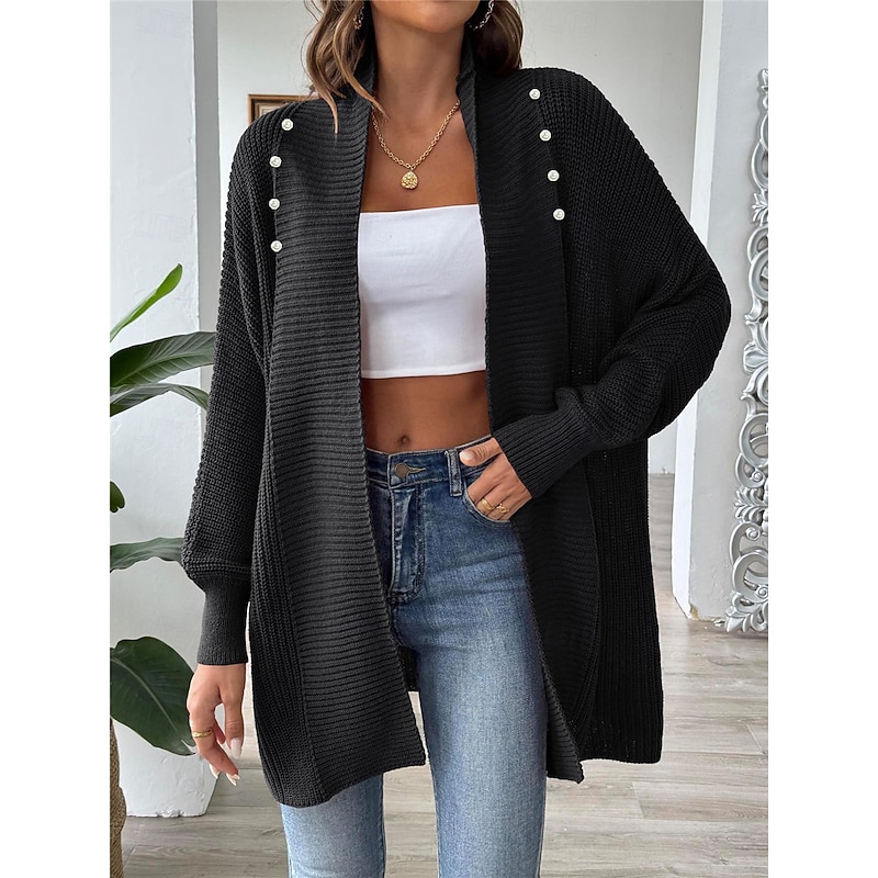Women's Sweater Cardigan Casual Soft Pure Color Ribbed Open Front Beaded Knitted Long Sleeve Long Tops Knit Outdoor Daily Weekend Black Blue Fall Winter