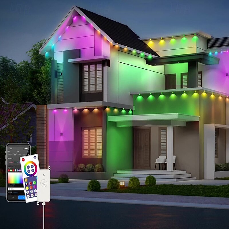 LED Smart Light Downlights Eternity Lights Permanent Outdoor Lights with App Wifi Bluetooth Remote RGBIC Smart Eaves Lights IP67 Waterproof House Roof Outdoor Lighting for Christmas Holiday 15m-45m3