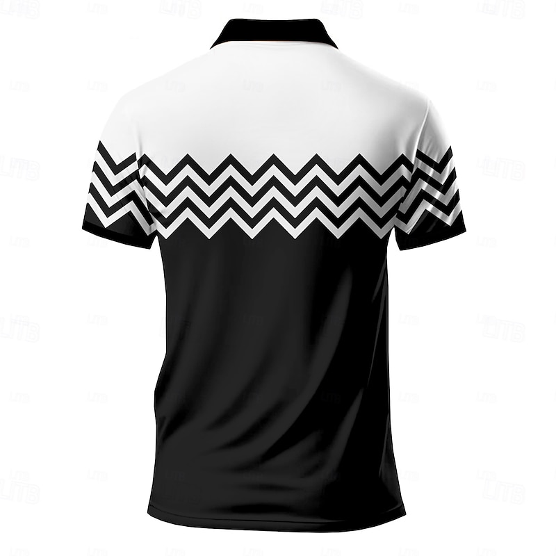 Men's Geometric Polo Shirts Zip Polo Short Sleeve Polo Shirts Collar Business Casual Formal Vacation Dailywear 3D Print Summer Spring Black And White2