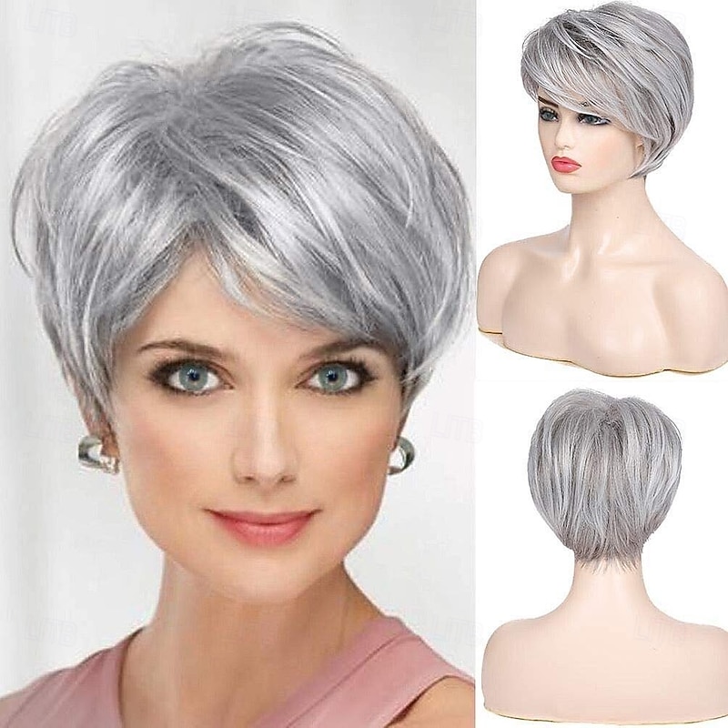 Short Grey Wigs for White Women Short Cut Layer Sliver Gray Wigs with Bangs Synthetic Hair Replacement Wigs