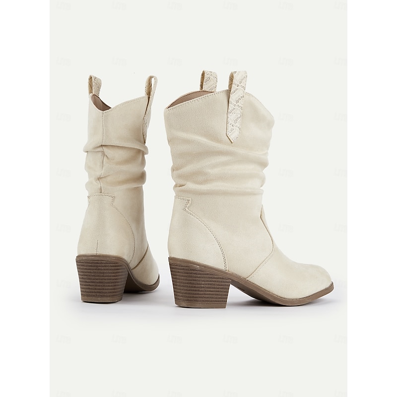 Women's Western-Inspired Cream Slouchy Suede Cowboy Boots with Low Block Heel - Perfect for Casual Wear4