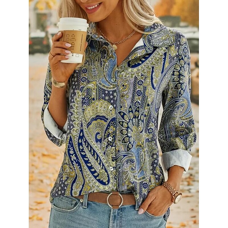 Women's Shirt Button Down Tunic Shirt Collar Long Sleeve Graphic Casual Regular Tops Work Daily s Print Green Spring Fall Winter