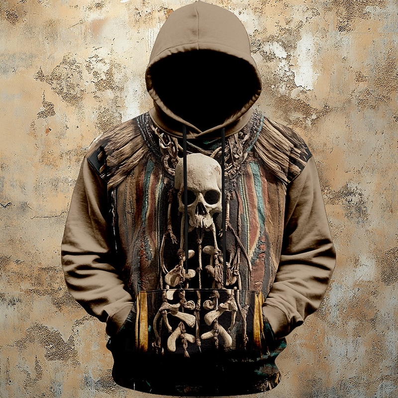 Men's Skulls Hoodies Fashion Daily Long Sleeve Crew Neck Holiday Going out Streetwear Khaki Drawstring Fall Winter Designer