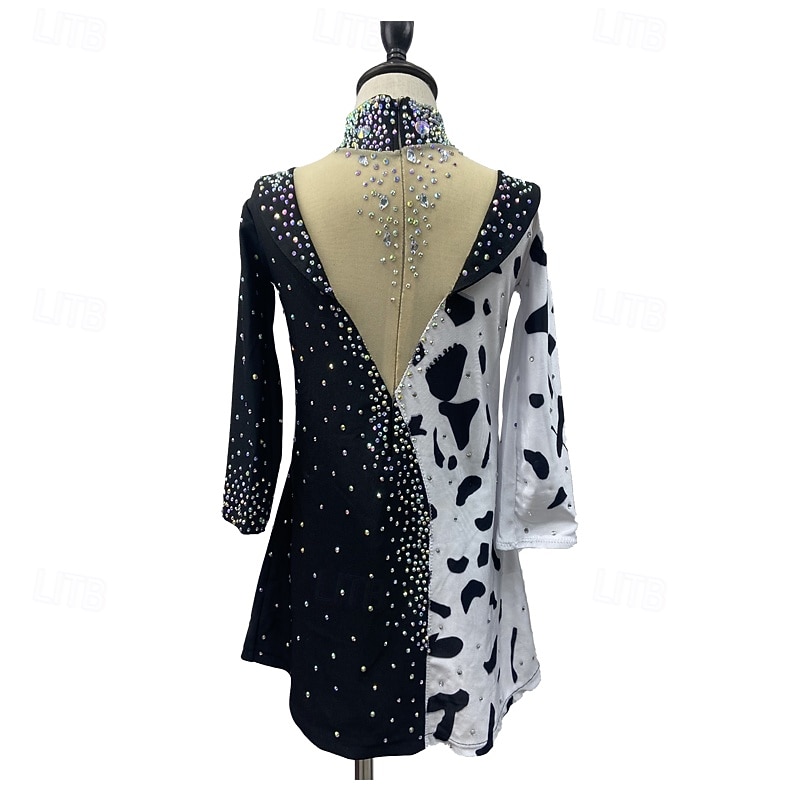Figure Skating Dress Women's Girls' Ice Skating Dress Black White Patchwork Thumbhole Mesh Spandex Stretchy Training Practice Professional Skating Wear Thermal Warm Crystal / Rhinestone Long Sleeve2