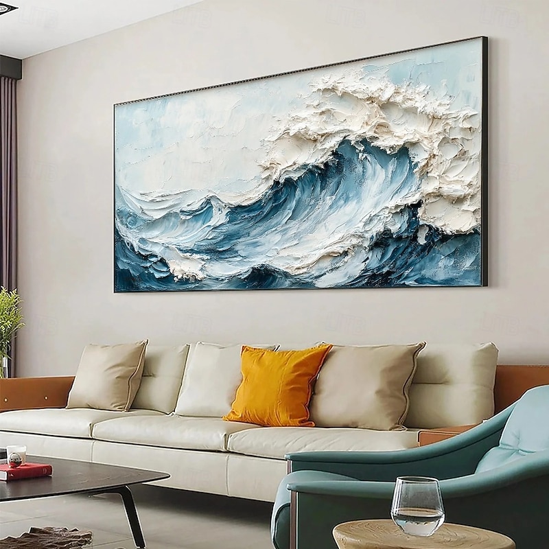 3D Framed Ocean Wave Oil Painting hand painted Blue Ocean Oil Painting  On Canvas handmade Abstract Nature Blue Sea Textured painting Wall Art Minimalist Large Wall Art painting for Living Room Decora2