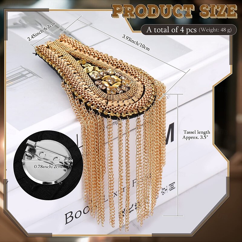 2 Pieces Metal Tassel Link Chain Epaulet Beaded Crystal Shoulder Boards Badge Punk Rivet Shoulder Jewelry Epaulettes Shoulder with Pins for Men and Women Uniform Accessories2