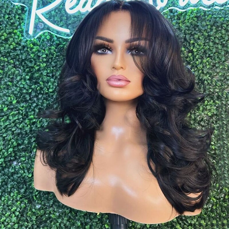 Human Hair 5x5 Closure 13x4 Lace Front Wig With Bangs Brazilian Hair Wavy Black Wig 130% 150% Density with Baby Hair Natural Hairline Glueless Pre-Plucked For Women Long Human Hair Lace Wig2