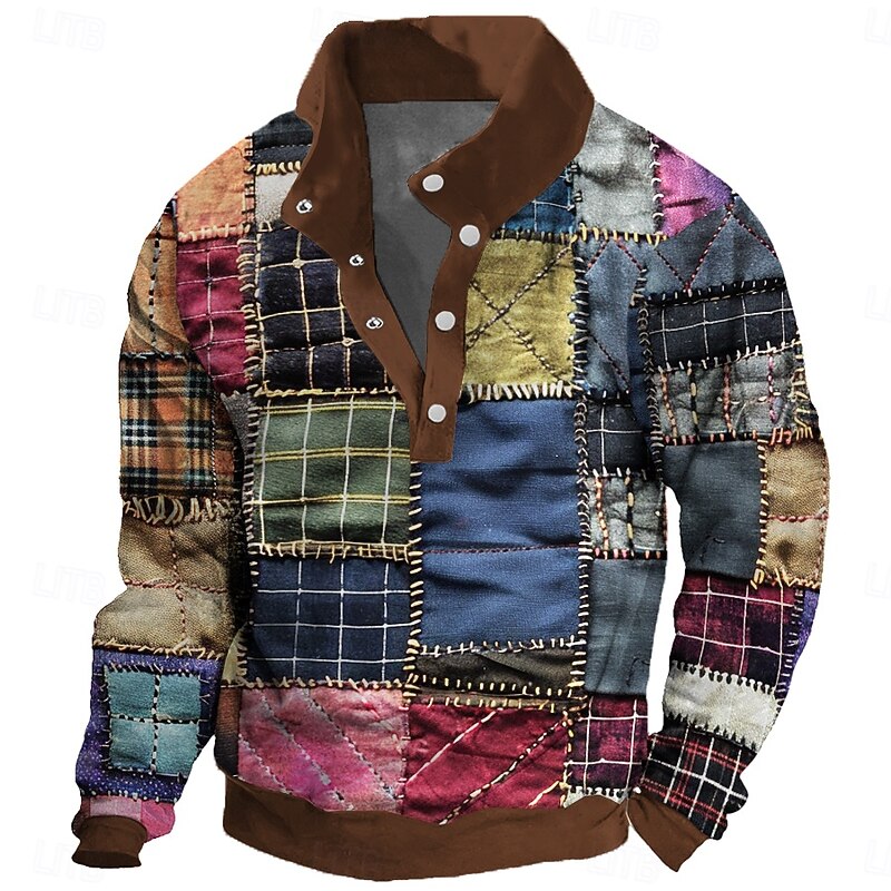Men's Patchwork Sweatshirt Sweatshirt Long Sleeve Sweatshirt Crew Neck Fashion Daily Simple Print Vacation Holiday Going out Buttons Winter2