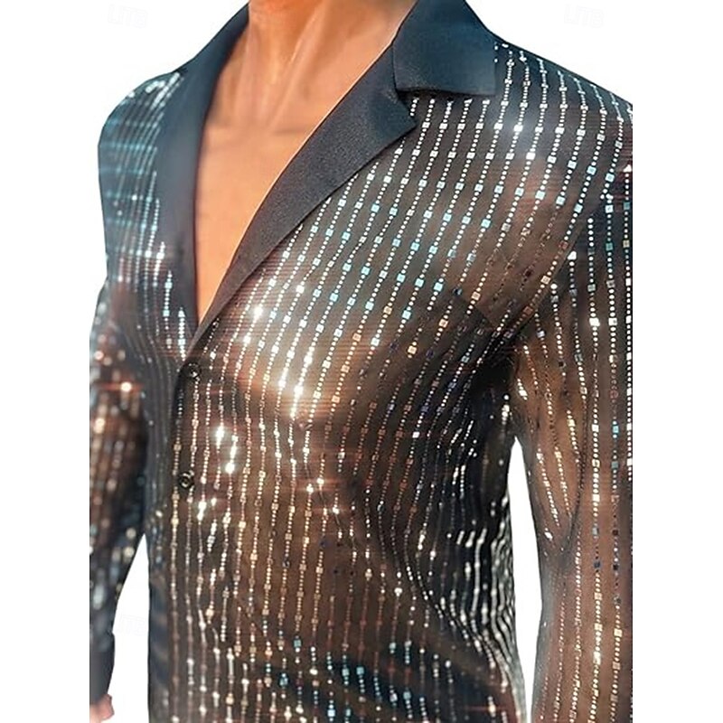 Retro Vintage 1970s 1980s T-shirt Hippie Disco Sequins Shiny Metallic Fancy Dress Men's Carnival Costume Christmas Halloween Carnival Party Pride Parade Pride Month Adults' Shirt3