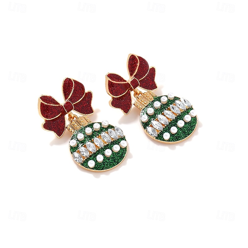 Women's Festive Christmas Ornament Earrings with Red Bow and Green Glitter Accents – Holiday Party Jewelry3