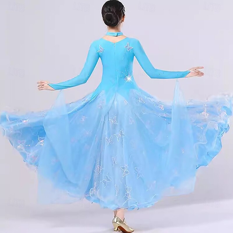 Ballroom Dance Dress Splicing Crystals / Rhinestones Paillette Women's Performance Party Long Sleeve Mesh Spandex Organza3