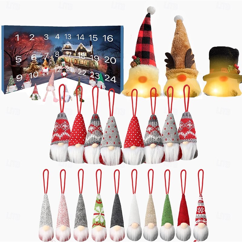 Christmas Advent Calendar with Gnome Doll Decorations 24 Pcs Gnome Decor Ornaments (Include 3 Pcs Lighted Gnome) Christmas Countdown Xmas Advent Calendar