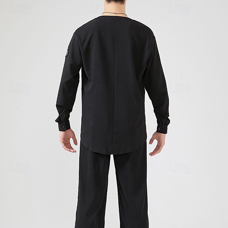 Latin Dance Top Pure Color Men's Performance Daily Wear Long Sleeve Elastane2