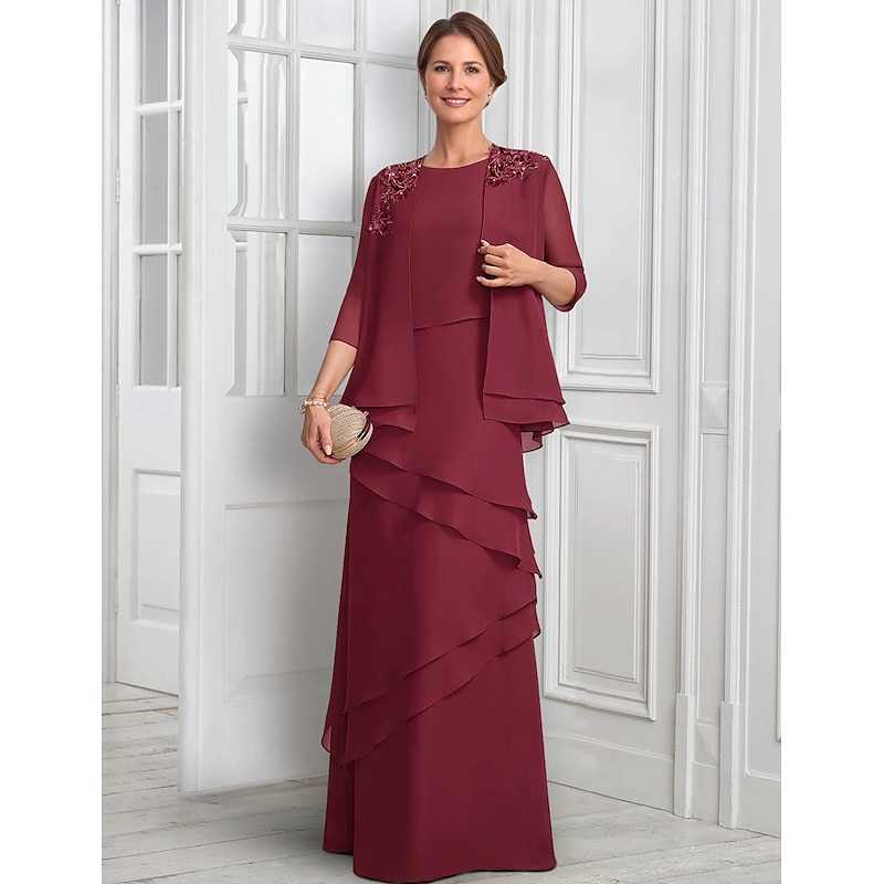 Two Piece A-Line Formal Suit Mother of the Bride Dress Elegant Sparkle & Shine Jewel Neck Floor Length Chiffon Half Sleeve with Buttons Appliques Flower2