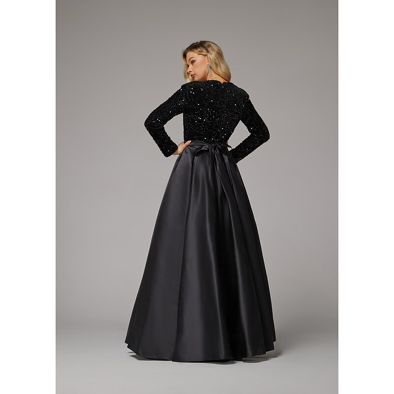 Ball Gown Evening Gown Elegant Dress Wedding Guest Birthday Floor Length Long Sleeve V Neck Pocket Satin with Sequin Pocket2