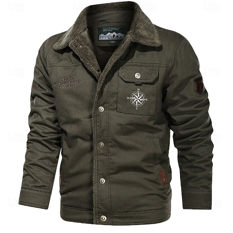 Men's Compass Print Embroidered Fleece Jacket Sherpa Trucker Jacket Work Cargo Jacket Turn-Down Collar Warm Winter Cotton Jacket Vintage Casual Going Out Coat Multi-Pockets