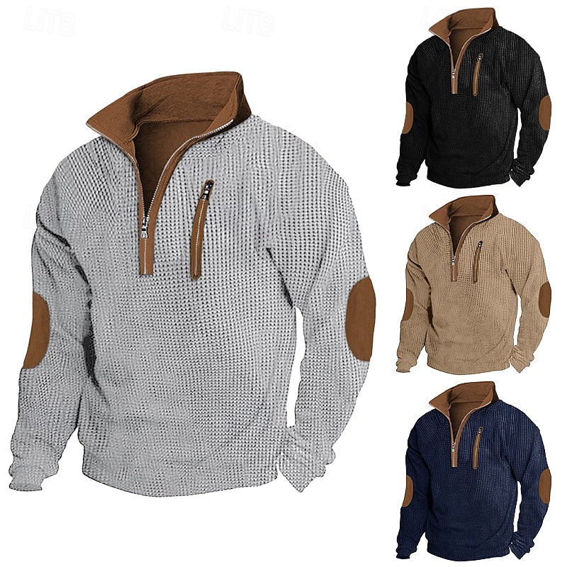 Men's T Shirt Waffle Knit Tee Tee Top Long Sleeve Shirt Long Sleeve Quarter Zip Spring &  Fall Color Block Fashion Designer Basic Patchwork Zipper Vacation Street Going out Black Navy Blue khaki Top