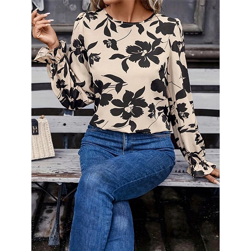 Women's Shirt Blouse Floral Stylish Casual Long Sleeve Crew Neck Regular Tops Daily Backless Print Bow Beige Fall Winter3