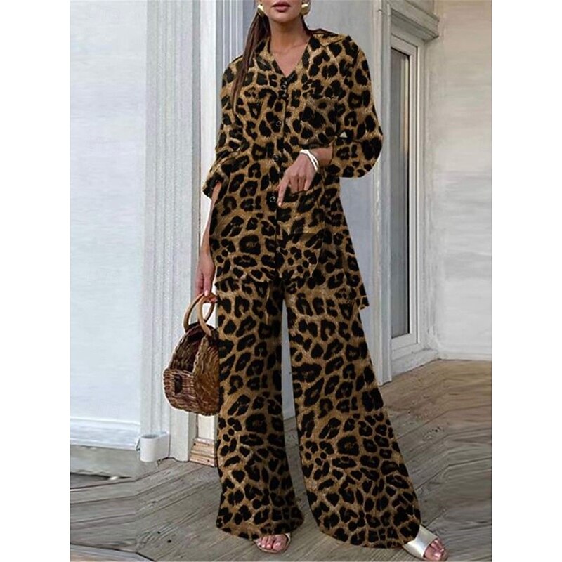 Women's Fashion Streetwear Daily Shirt Wide Leg Pants Long Sleeve Shirt Collar Leopard Print Casual Daily Brown Khaki Gray Fall Regular Fit