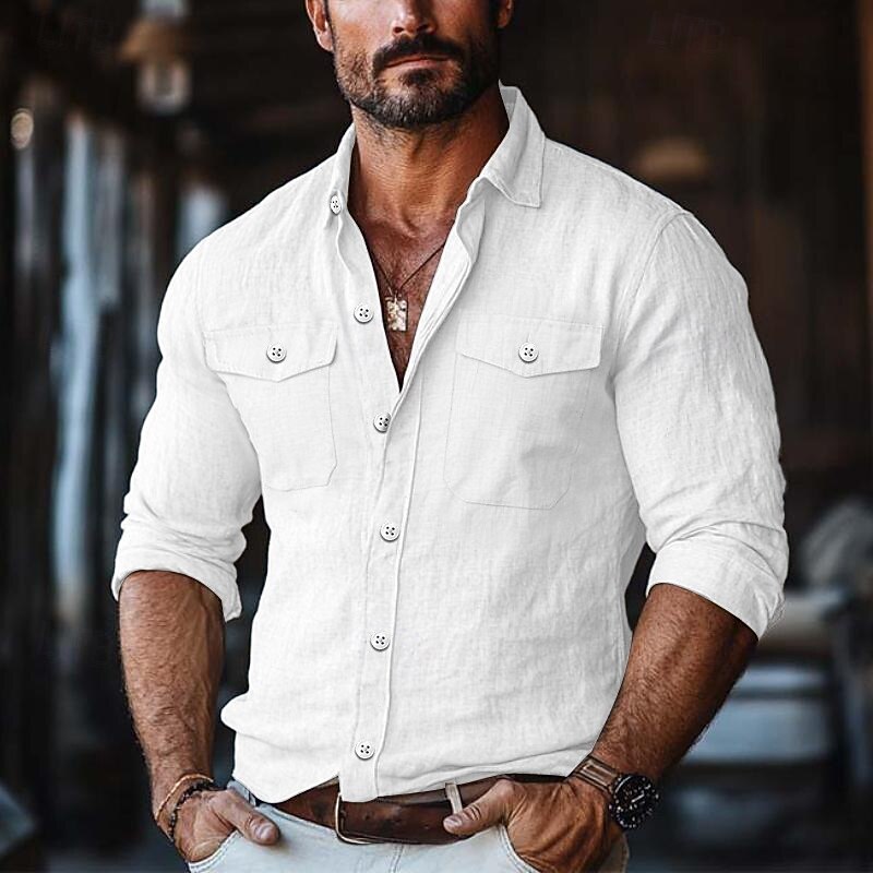 Men's Shirt Linen Shirt Summer Shirt Button Up Shirt Solid Color Vacation Street White Green Khaki Light Blue Long Sleeve Collar Clothing Apparel Pocket