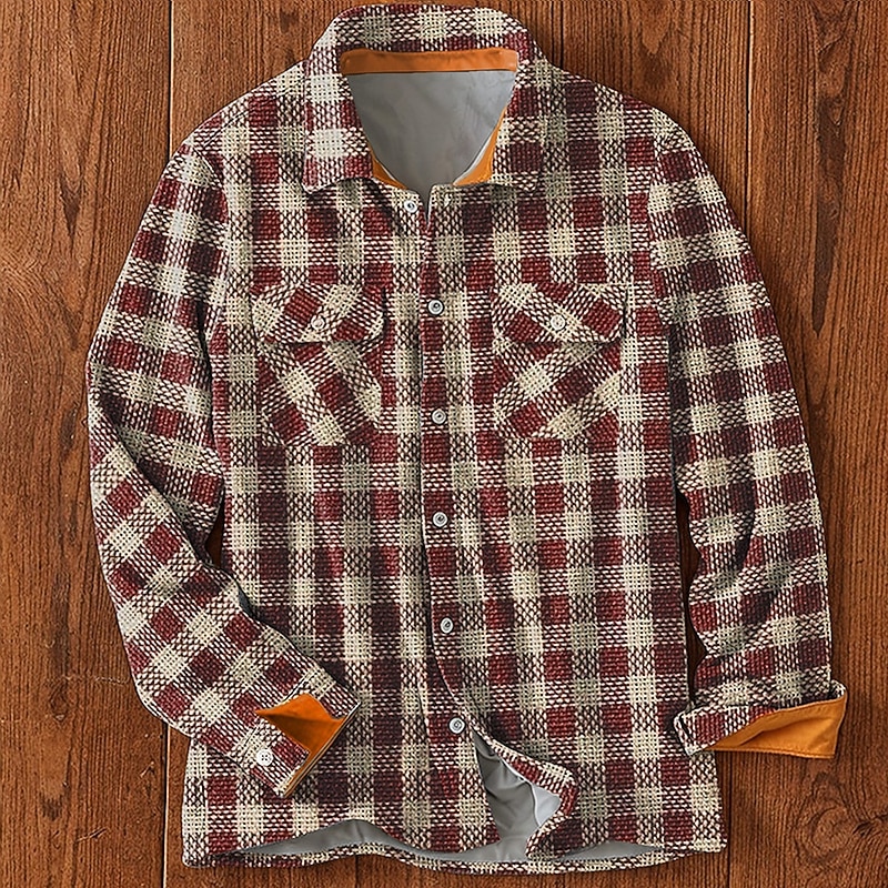 Men's Plaid Fleece Shirt Shirt Jacket Overshirt Long Sleeve Vintage Casual Outdoor Street Daily Wear Fall & Winter Turndown Collared Shirts Buttons 3D Print 2 Pockets Dark Brown Brown2