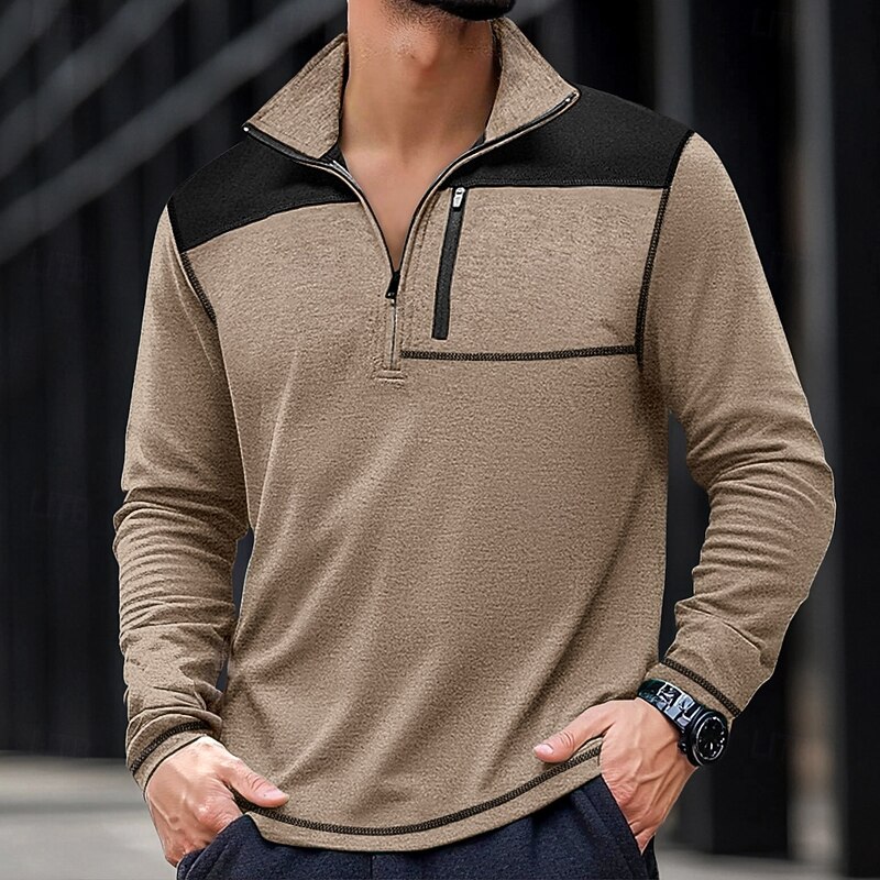 Men's T Shirt Zip Polo Tactical t shirt Tee Top Long Sleeve Quarter Zip Banded Collar Spring &  Fall Color Block Daily Casual Street Style Pocket Quarter Zip Outdoor Street Causal Blue Green Wine Top