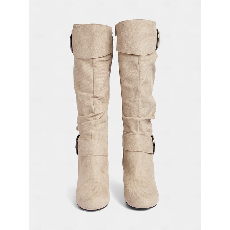 Women's Beige Suede Knee-High Boots with Buckle Detail – Stylish Mid-Heel Boots for Fall and Winter Outfits3