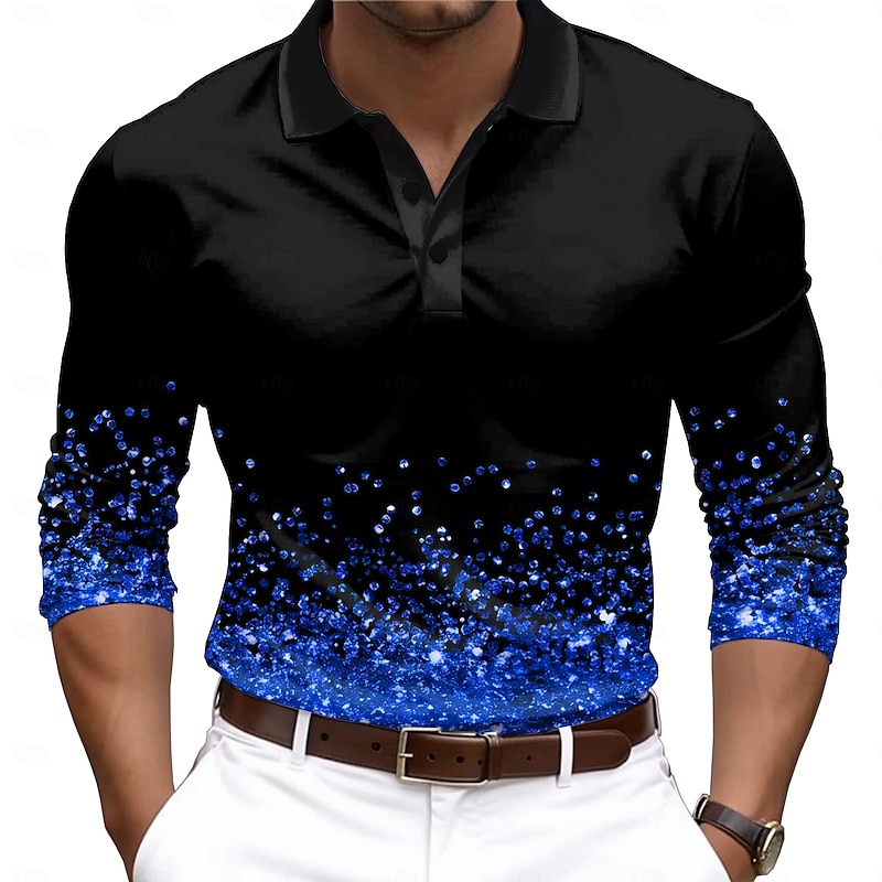 Men's Jeweled 3D Digital Print Polo Shirts Golf Shirt Long Sleeve Polo Shirts Collared Shirts Casual Outdoor Party Evening Wear Dailywear Buttons 3D Print Spring Fall Winter Golden yellow Red Blue2