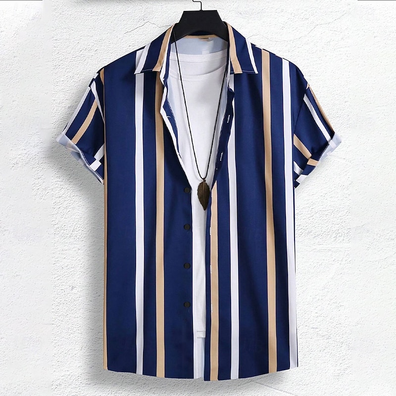 Men's Striped Bowling Shirt Button Up Shirt Short Sleeve Casual Formal Vacation Casual Spring Fall Turndown Button Up Blue2