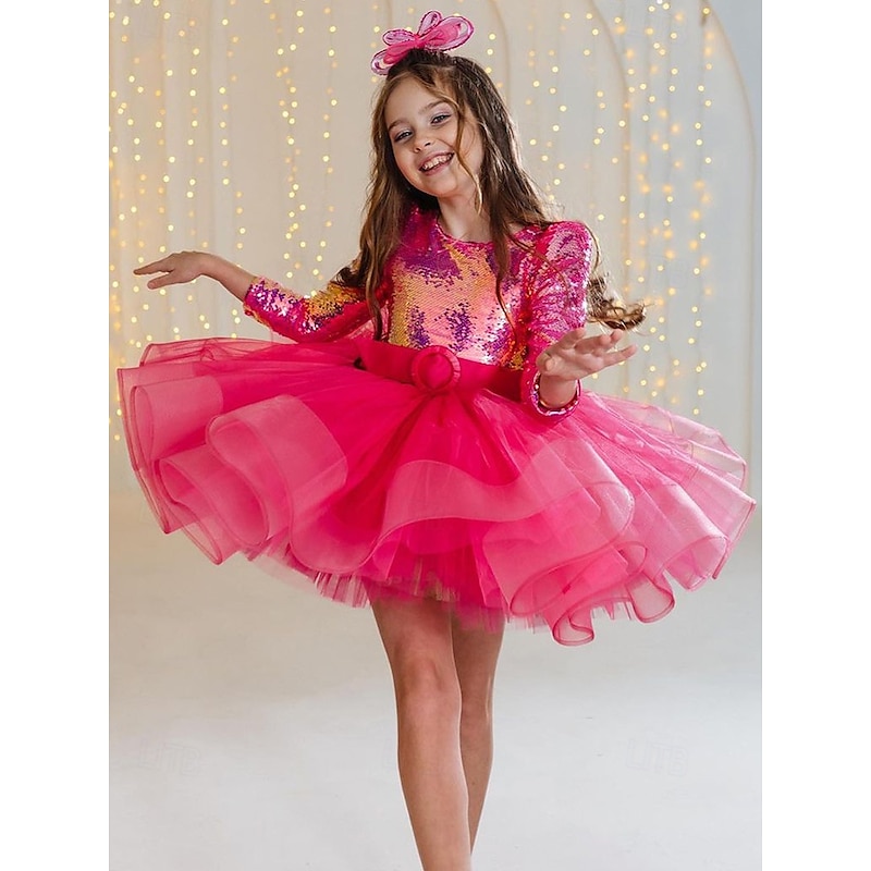 Kids Girls' Party Dress Solid Color Long Sleeve Performance Mesh Princess Sweet Mesh Mid-Calf Sheath Dress Tulle Dress Summer Spring Fall kids Rose Red2