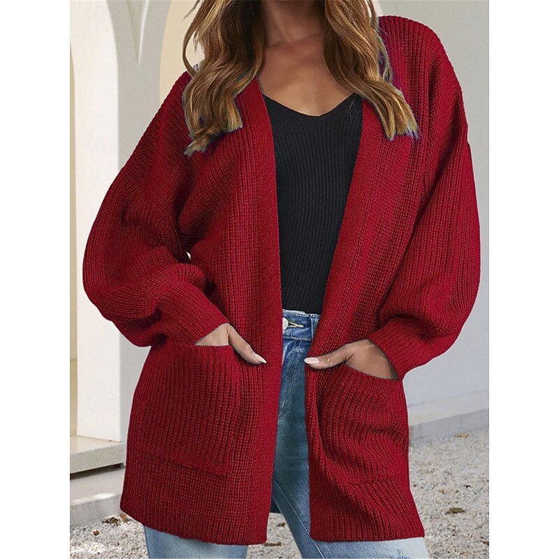Women's Sweater Cardigan Casual Soft Pure Color Ribbed Open Front Pocket Knitted Long Sleeve Regular Tops Knit Outdoor Daily Weekend Pink Red Fall Winter