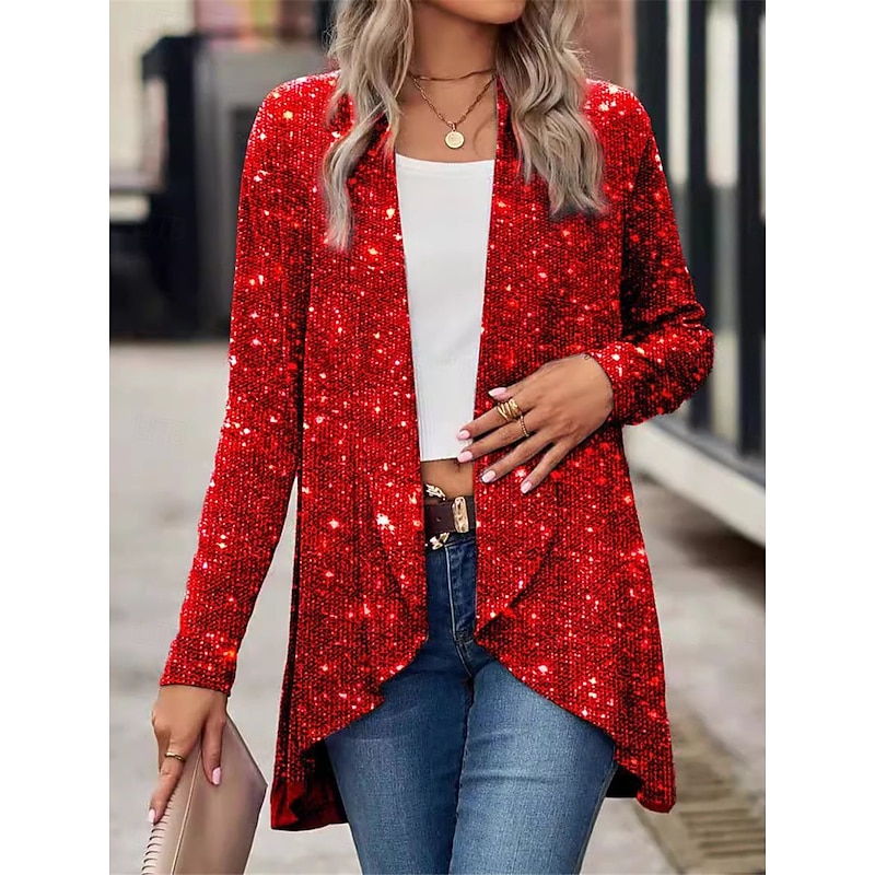Women's Casual Jacket Outdoor Street Daily Wear Fall Winter Regular Coat Regular Fit Thermal Warm Breathable Stylish Casual Jacket Long Sleeve Plain Sequins Silver Black Red