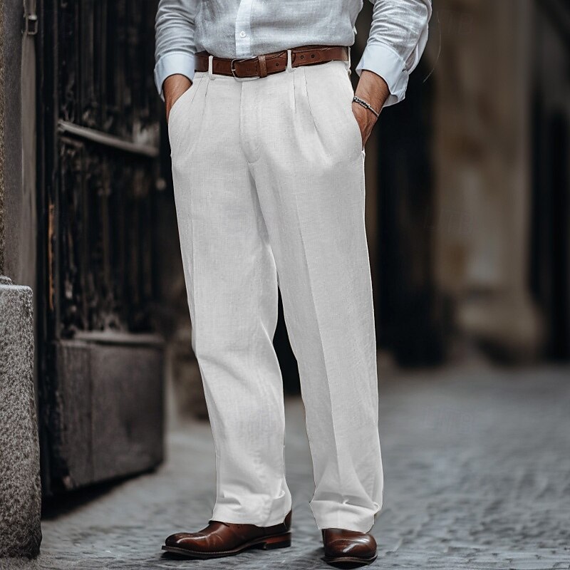 Men's Linen Pants Trousers Summer Pants Pleated Pants Dress Slacks Front Pocket Straight Leg Plain Comfort Breathable Business Casual Daily Fashion Basic Black White