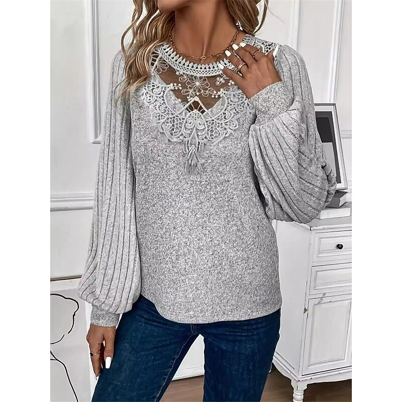 Women's Elegant Lace Tops Eyelet Blouse Casual Solid Color Regular Tops Long Sleeve Crew Neck Lace Patchwork Regular Fit Daily Gray Romantic Petite Tops Summer Holiday Wear4