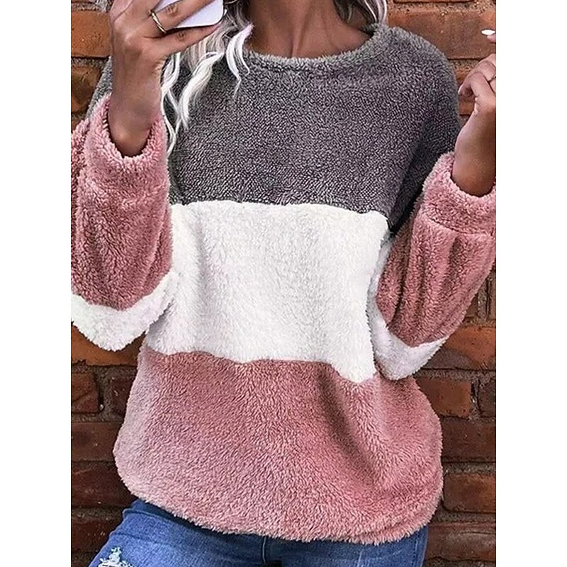 Women's Sweatshirt Casual Color Block Street Dailywear Crew Neck Patchwork Long Sleeve Pink Fall Winter3