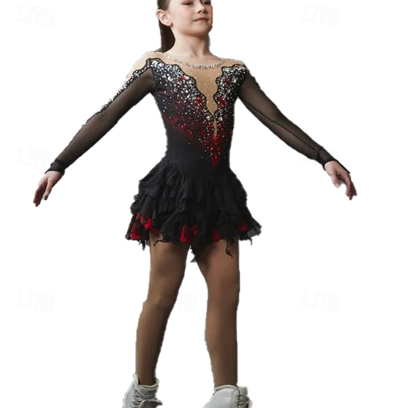 Figure Skating Dress Women's Girls' Ice Skating Dress Black Patchwork Thumbhole Mesh Spandex Stretchy Training Practice Professional Skating Wear Thermal Warm Crystal / Rhinestone Long Sleeve Ice