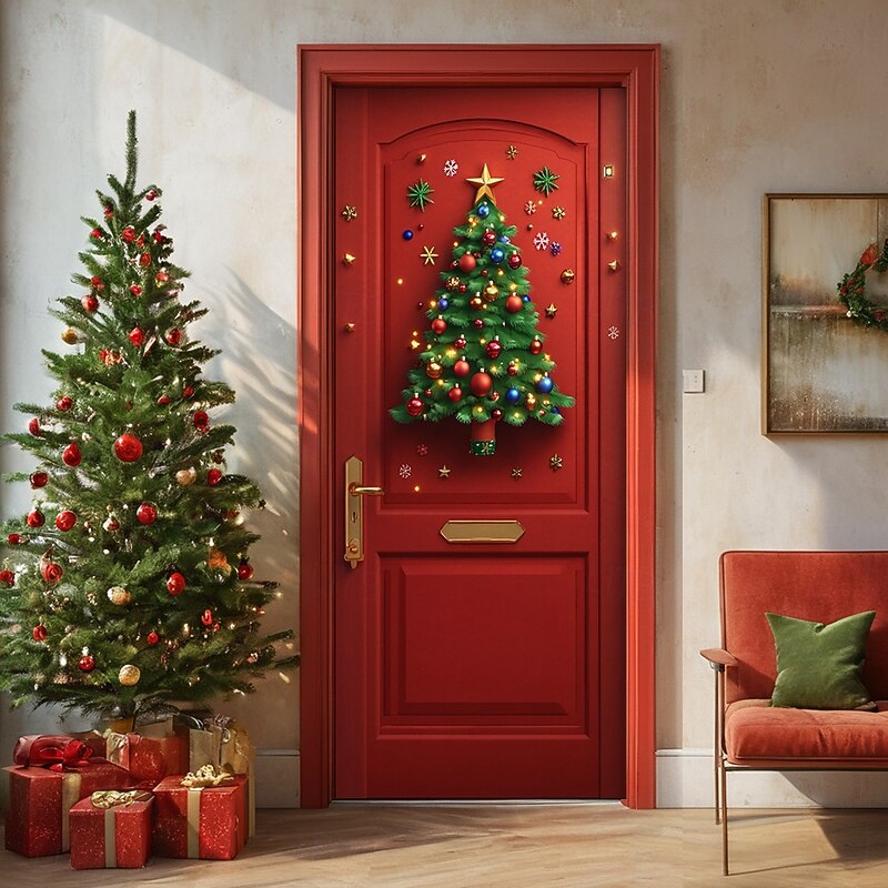 Christmas Door Decorations Door Covers Wreath Xmas Tree Santa Nutcracker Door Tapestry Door Curtain Decoration Backdrop Indoor/Outdoor Door Banner for Front Door Farmhouse4