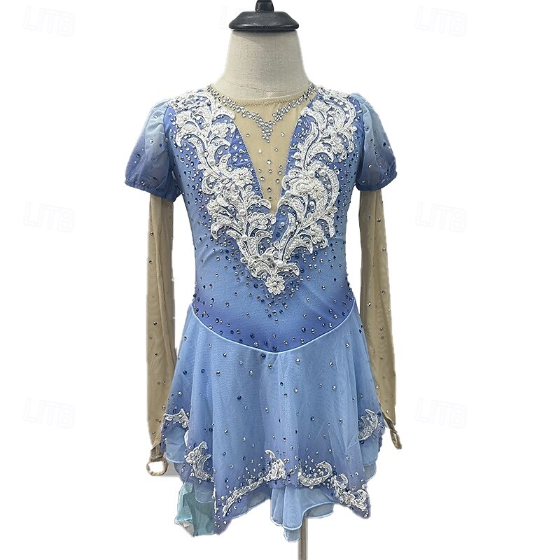 Figure Skating Dress Women's Girls' Ice Skating Dress Blue+Light Blue Patchwork Thumbhole Mesh Spandex Stretchy Training Practice Professional Skating Wear Thermal Warm Crystal / Rhinestone Long