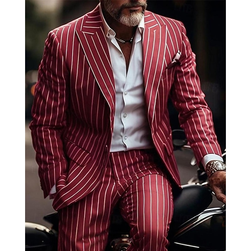 Men's Blazer Suits Business Cocktail Party Wedding Party Fashion Casual Spring &  Fall Polyester Stripes Pocket 2 Piece Comfortable Single Breasted Blazer Red Blue Green