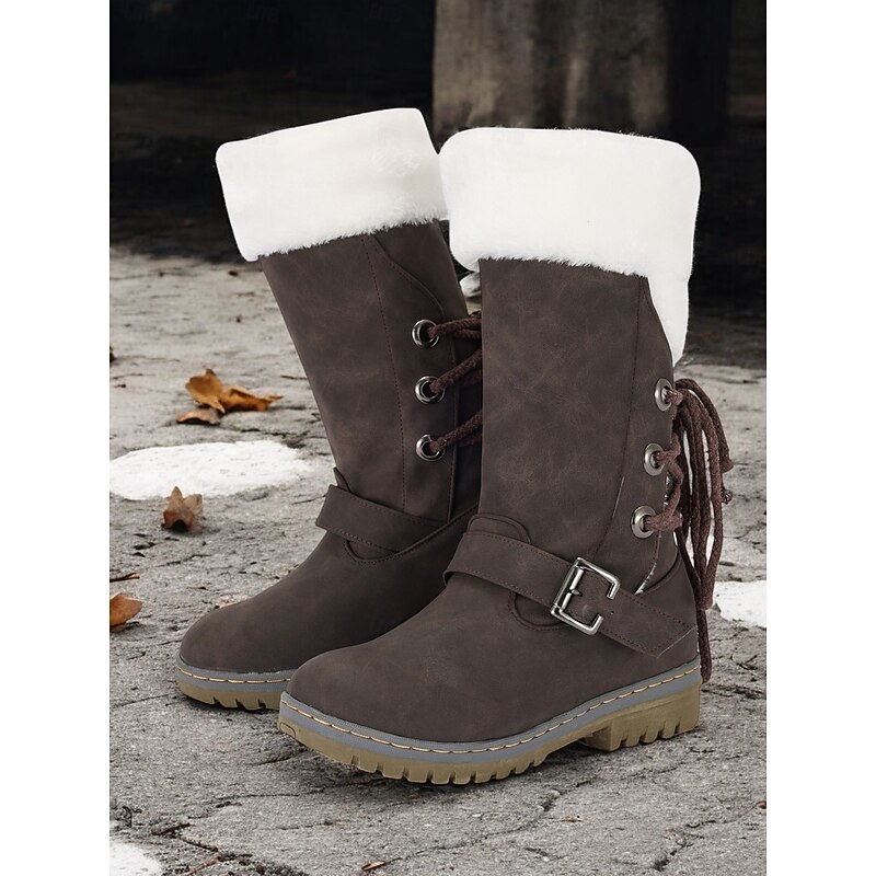 Women's Winter Snow Boots with Faux Fur Lining – Warm Waterproof Mid-Calf Boots with Buckle and Lace-Up Design2