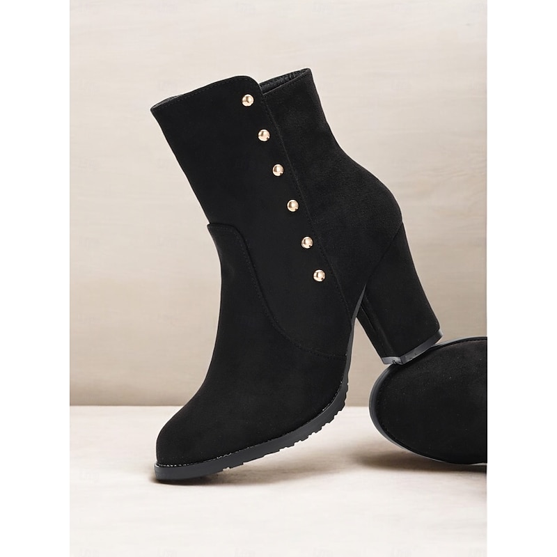 Women's Black Suede Ankle Boots with Faux Fur Lining and Gold Button Accents – Stylish Block Heel Boots for Winter Wear4