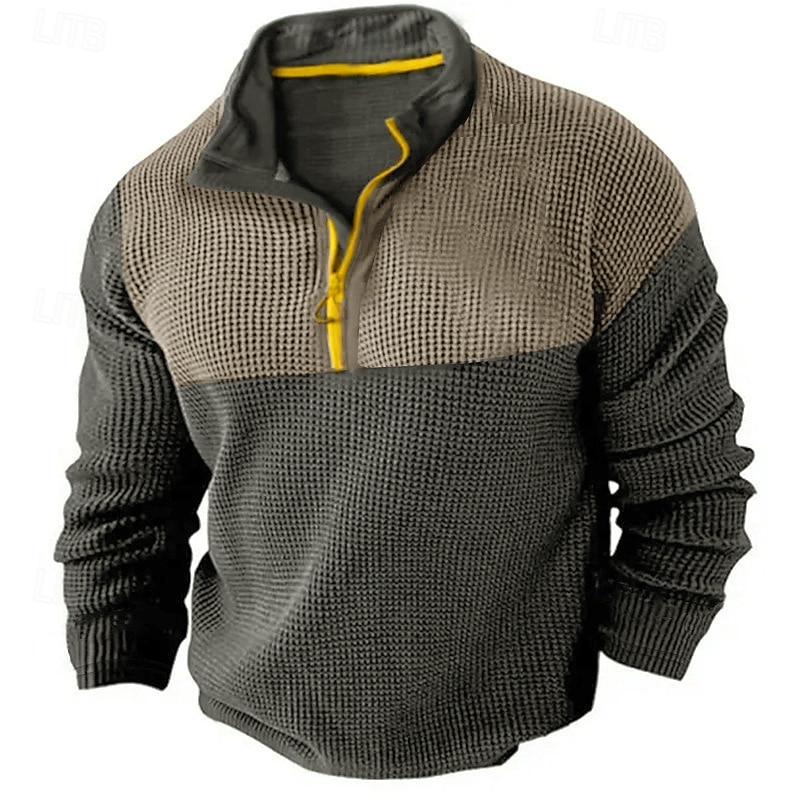 Men's Waffle Shirt T Shirt Zip Half Shirt Tee Top Long Sleeve Quarter Zip Spring &  Fall Color Block Fashion Designer Basic Patchwork Vacation Street Going out Black Brown Green Top Tee for Men