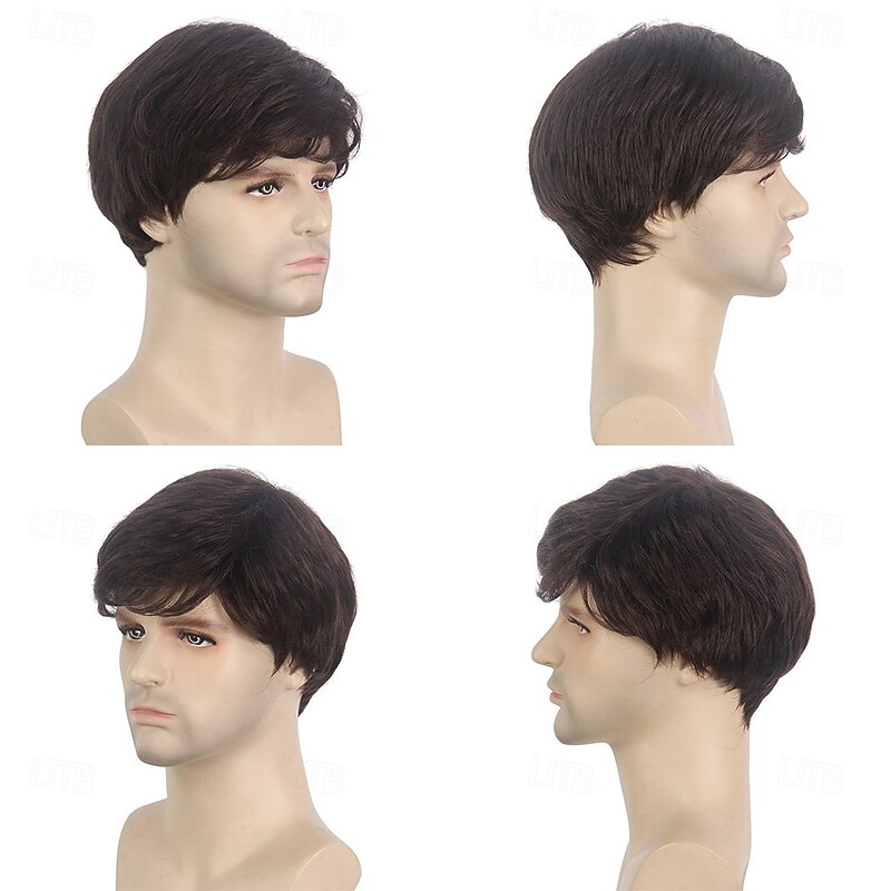 Mens Brown Wig Male Guy Short Layered Cosplay Costume Party Natural Hair4