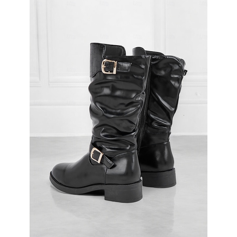 Women's Black Mid-Calf Slouchy Boots with Croc-Embossed Detail and Gold Buckle Accents – Casual and Stylish Design4
