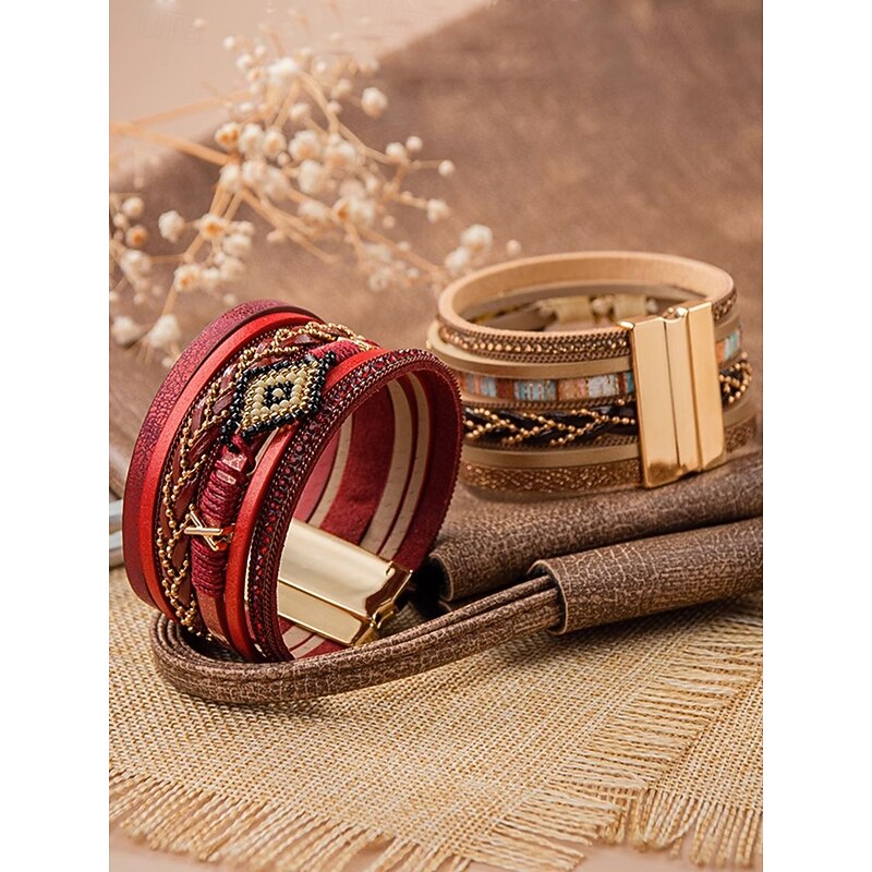 Boho Beaded Multilayer Leather Bracelet – Women's Trendy Wrap Bracelet with Magnetic Clasp for Casual and Bohemian Styles4