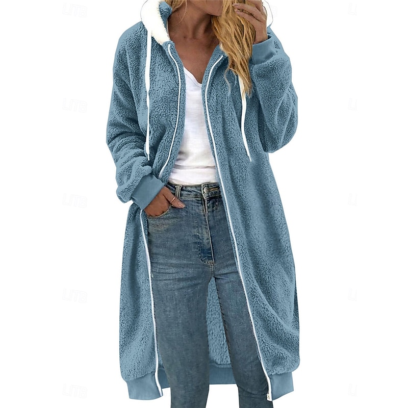 Women's Winter Coat Teddy Coat Outdoor Street Daily Wear Fall Winter Long Coat Regular Fit Thermal Warm Breathable Stylish Casual Jacket Long Sleeve Plain with Pockets Full Zip White Pink Blue
